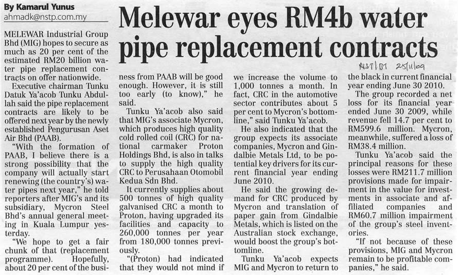 Melewar eyes RM4b water pipe replacement contracts